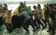 fiskere i faerd med at saette en rorsbad i vandet Michael Ancher